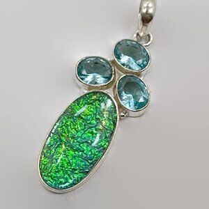 Dichroic Pendant, Glass Pendant, Sterling Silver, Vintage, Blue, Faux Topaz